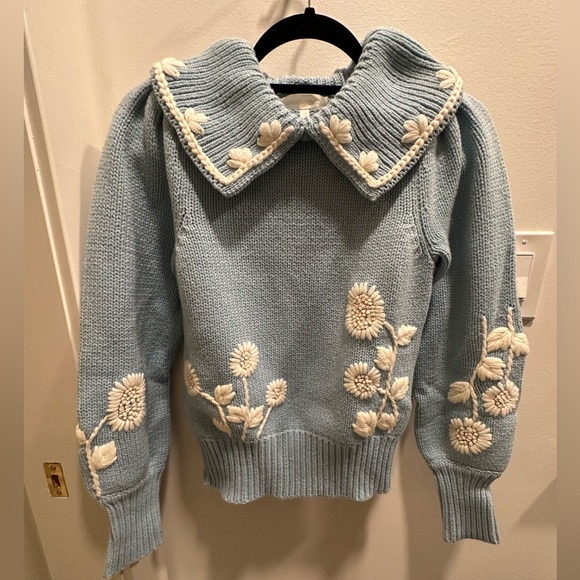 LoveShackFancy Sweaters - LoveShackFancy Blue Sweater with White Floral Embroidery